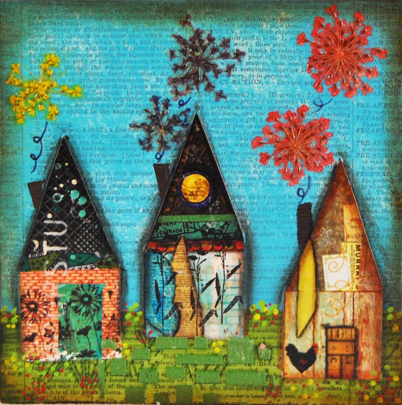 Mixed Media Houses Collage on Art Board Original Pressed Etsy