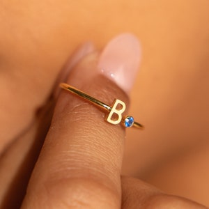 Initial Birthstone Ring - Custom Initial Ring in Sterling Silver - Dainty Minimalist Ring - Personalized Gemstone Jewelry - Christmas Gifts