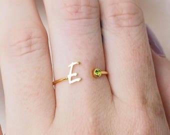 Dainty Initial Birthstone Ring - Initial Ring in Sterling Silver - Custom Initial Jewelry - Personalized Bridesmaid Gift - STOCKING STUFFERS