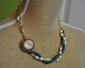 Agate and Pearl Gold Chain Necklace with Button