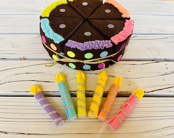 NEW! Felt Cake Set -Chocolate Rainbow 6". 6 pcs cake with rainbow icing and candles. Felt Food, Felt Cake, Party Decor, Play food, Felt toy