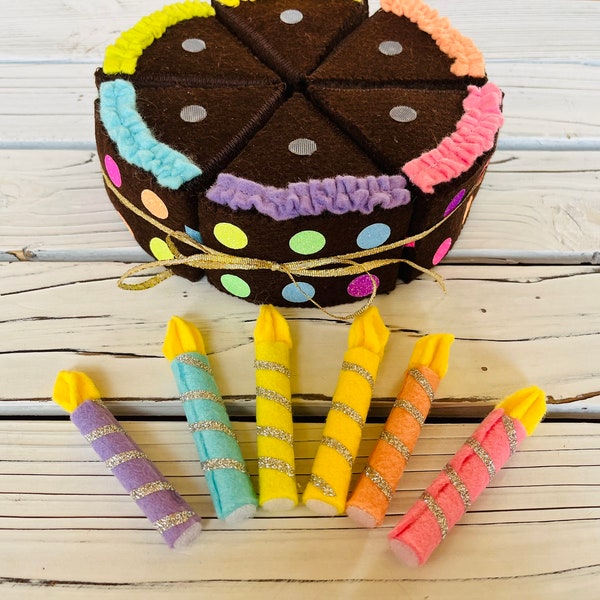 NEW! Felt Cake Set -Chocolate Rainbow 6". 6 pcs cake with rainbow icing and candles. Felt Food, Felt Cake, Party Decor, Play food, Felt toy