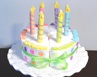 Felt Cake Set -Rainbow 6". 6 pcs cake with rainbow icing and candles. Felt Food, Felt Cake, Party Decor, Play food, Felt toy, Rainbow