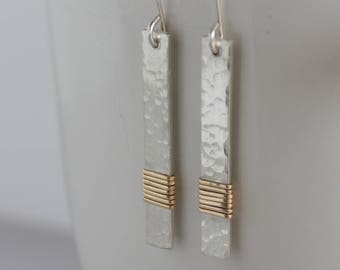 Sterling Silver Gold Bar Earrings, Silver and 14K Gold Filled Wire Wrapped Earrings, Hammered Sterling Dangle Earrings, Handmade Earrings