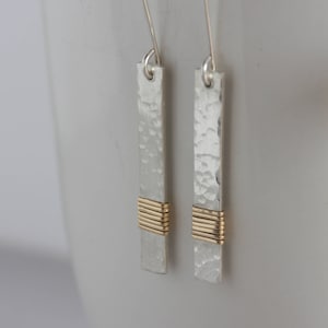 Sterling Silver Gold Bar Earrings, Silver and 14K Gold Filled Wire Wrapped Earrings, Hammered Sterling Dangle Earrings, Handmade Earrings