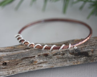 Mixed  Metal Copper Silver Bangle Bracelet, Copper Wire Bangle with Sterling Silver Wire Wrap, Copper Silver Bangle Bracelet, Copper Silver