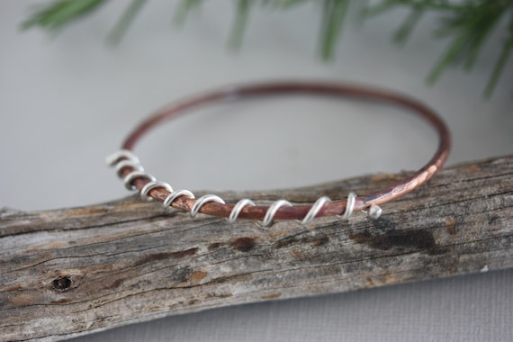 Handmade Copper Bangle Bracelet with Sterling Silver Wire Wrap