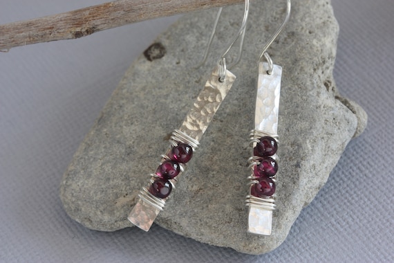 Handmade Textured Sterling Silver Garnet Earrings, January Birthstone