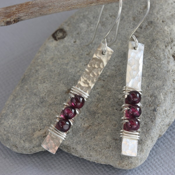 Garnet Sterling Silver Dangle Earrings, Sterling Silver Earrings, Handmade Silver Garnet Earrings, January Birthstone, Hammered Silver