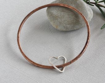Mixed Metal Copper Bangle Silver Heart Bracelet, Sterling Silver Heart Textured Copper Bangle, Heart Bracelet, Textured Copper Bracelet