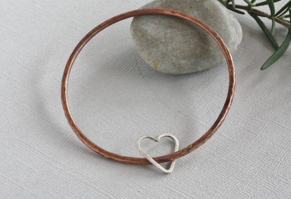 Handmade Textured Copper Bangle Bracelet: Sterling Silver Heart Charm