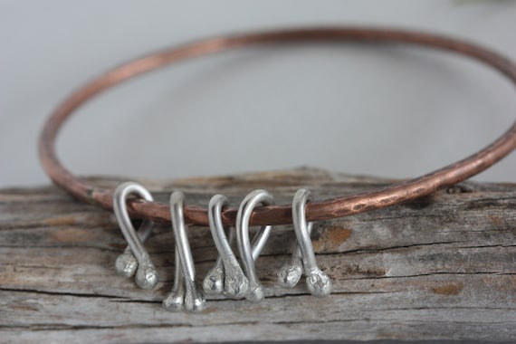 Handmade Textured Copper Bangle Bracelet with Sterling Silver Dangles