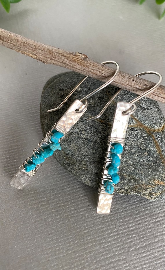 Handmade Hammered Sterling Silver Turquoise Dangle Earrings