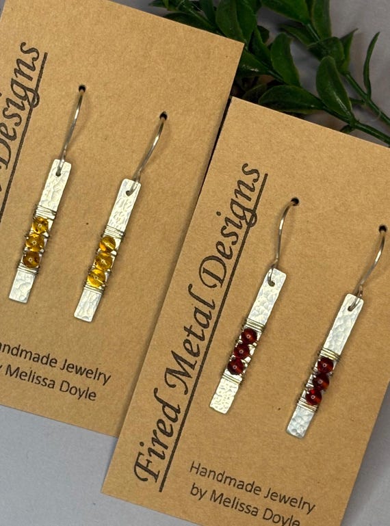 Handmade Hammered Sterling Silver Red or Yellow Baltic Amber Dangle Earrings