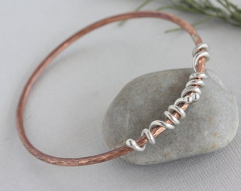 Mixed Metal Copper Silver Bangle Bracelet, Textured Copper Wire Bangle with Sterling Silver Wire Wrap, Copper Silver Bangle