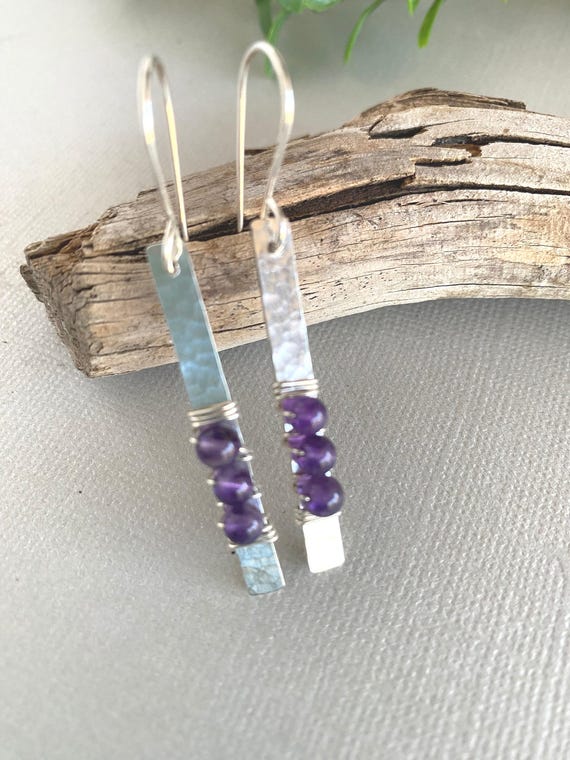 Handmade Textured Sterling Silver Amethyst Dangle Earrings