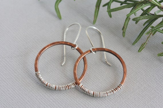 Handmade Mixed Metal Hoop Earrings, Copper and Sterling Silver, Hand Forged