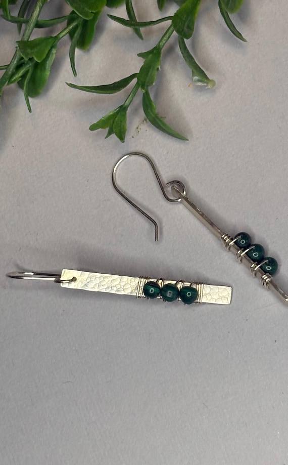 Handmade Malachite Sterling Silver Dangle Earrings, Textured Silver