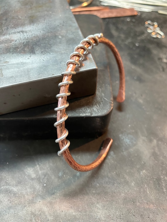 Handmade Copper Cuff Bracelet with Sterling Silver Coil