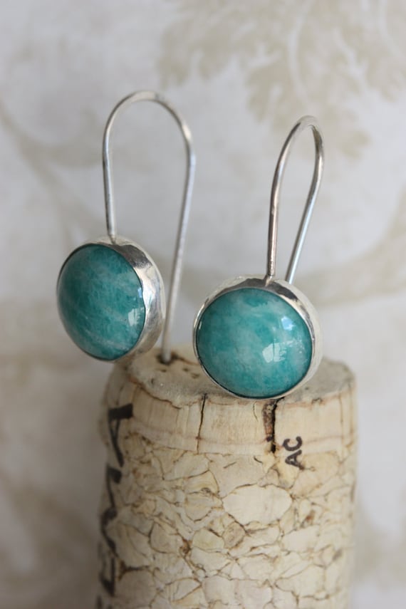 Handmade Amazonite Sterling Silver Earrings: Round Blue-Green Gemstone Dangles