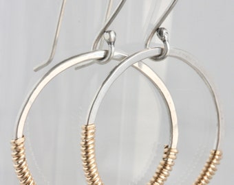 Sterling Silver Hoop Earrings,14K Gold Filled Wire Wrapped on Sterling Silver   Hoop Earrings, Mixed Metal Hammered Hoops, Handmade Jewelry