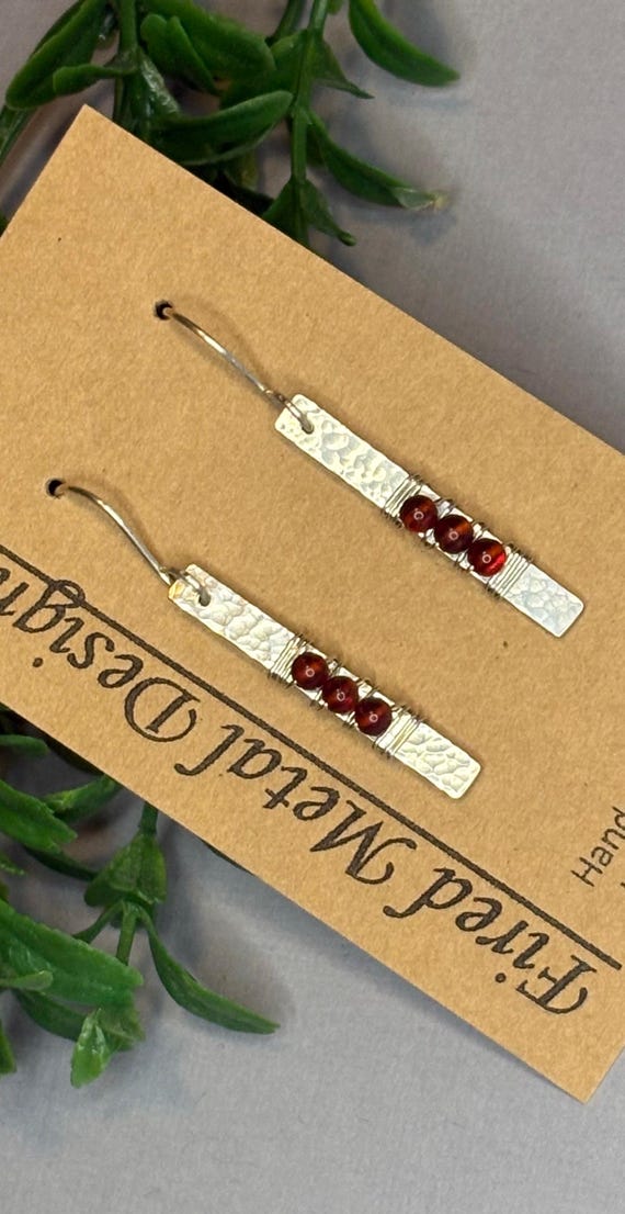 Handmade Hammered Sterling Silver Red or Yellow Baltic Amber Dangle Earrings