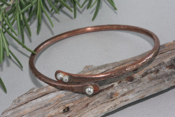 Handmade Copper Bangle Bracelet: Sterling Silver Accents