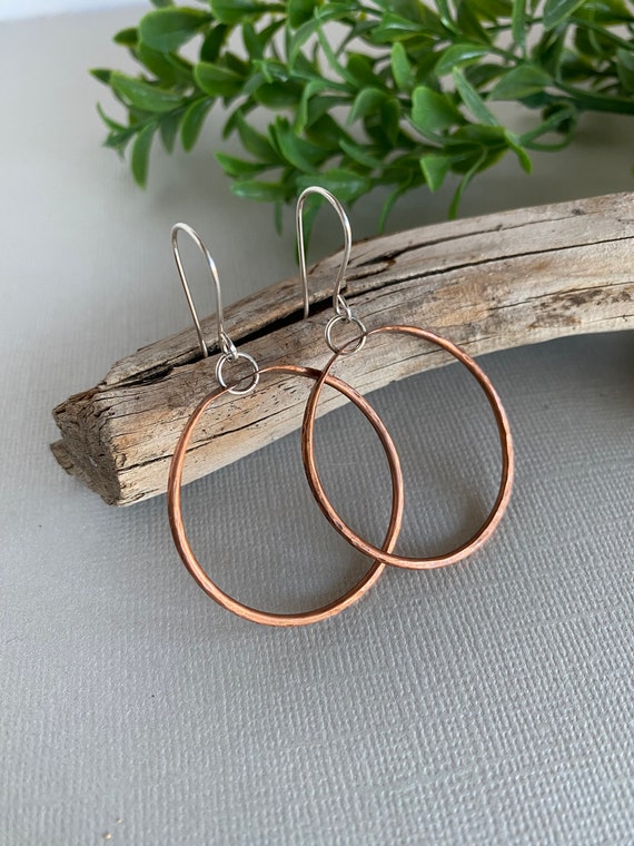 Handmade Textured Copper and Silver Hoop Earrings, Light Weight Boho Mixed Metal Earrings