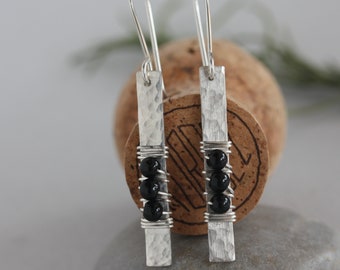 Sterling Silver Dangle Earrings, Onyx and Sterling Silver Earrings, Handmade Silver and Onyx Earrings, Textured Sterling Dangle Earrings