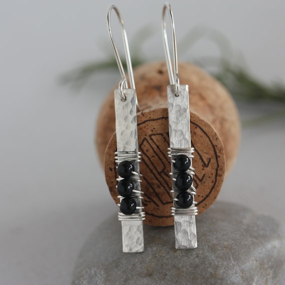 Handmade Hammered Sterling Silver Onyx Dangle Earrings, Modern Classic Style