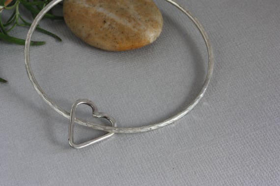 Handmade Sterling Silver Bangle Bracelet: Handmade Heart Charm, Stacking Jewelry