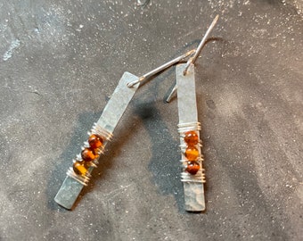 Sterling Silver Baltic Amber Earrings, Sterling Silver Dangle Earrings, Amber Earrings, Handmade Silver Earrings, Hammered Silver Earrings