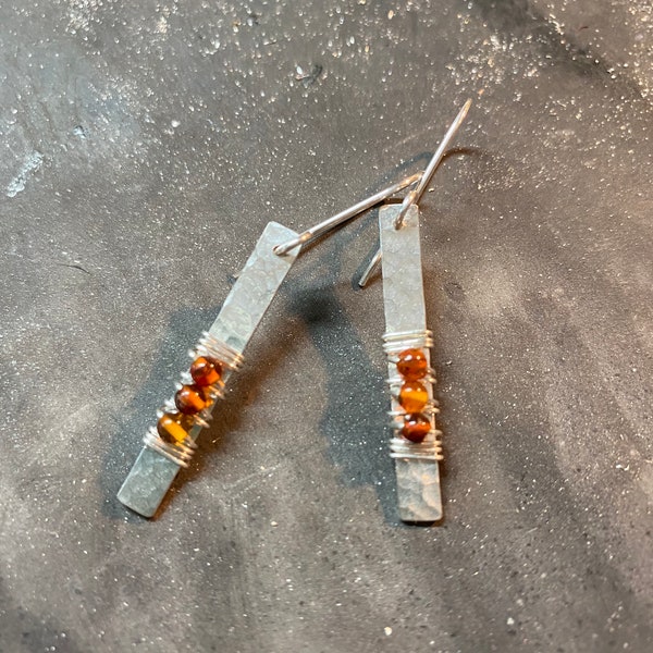 Sterling Silver Baltic Amber Earrings, Sterling Silver Dangle Earrings, Amber Earrings, Handmade Silver Earrings, Hammered Silver Earrings