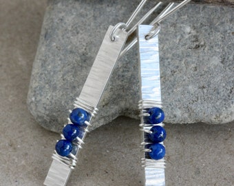 Lapis Sterling Silver Bar Dangle Earrings, Sterling Silver Earrings, Handmade Silver Earrings, lapis Earrings, Hammered Sterling Silver