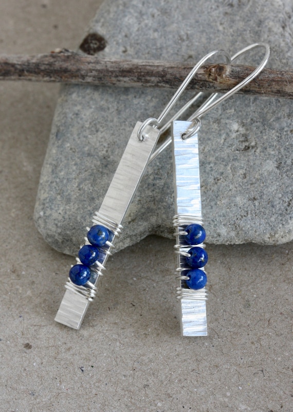 Handmade Lapis Sterling Silver Bar Dangle Earrings