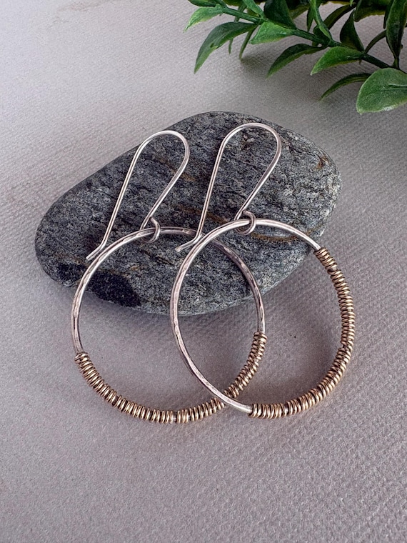 Handmade Hammered Sterling Silver Hoop Earrings with 14K Gold Wire