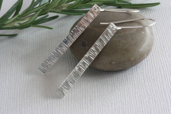 Handmade Textured Sterling Silver Dangle Bar Earrings