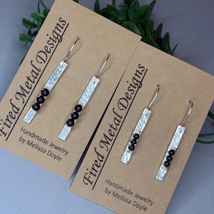 Handmade Hammered Sterling Silver Onyx Dangle Earrings, Modern Classic Style