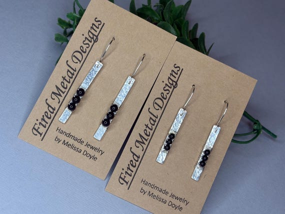 Handmade Hammered Sterling Silver Onyx Dangle Earrings, Modern Classic Style