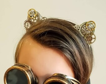 BESTSELLER Halloween Steampunk cat ears Headband with gears cat cosplay ooak metal headband Halloween cat costume luxe hardware