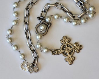 Long Pearl Necklace with Intricate Byzantine Cross Pendant - Customizable Length