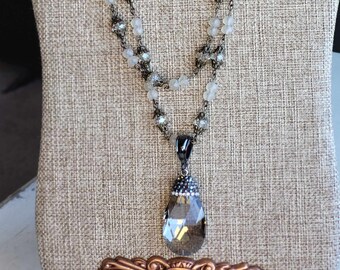 Gorgeous Handcrafted Double Strand Rosary Chain with Smokey Crystal and Sparkling Cubic Zirconia Pendant