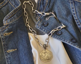 Rustic French Coin Pendant on Chunky Silver Chain - Handcrafted Statement Necklace