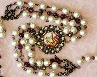 Elegant Pearl and Garnet Choker Necklace with Rare Vintage Crown Pendant