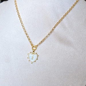 Petite Mother Of Pearl and Swarovski Crystal Heart Pendant on 18&quot; Gold Tone Rolo Chain