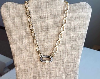 Chunky Oval Link Chain Necklace - Brushed Gold Finish with Mixed Metals Pave Carabiner Clasp