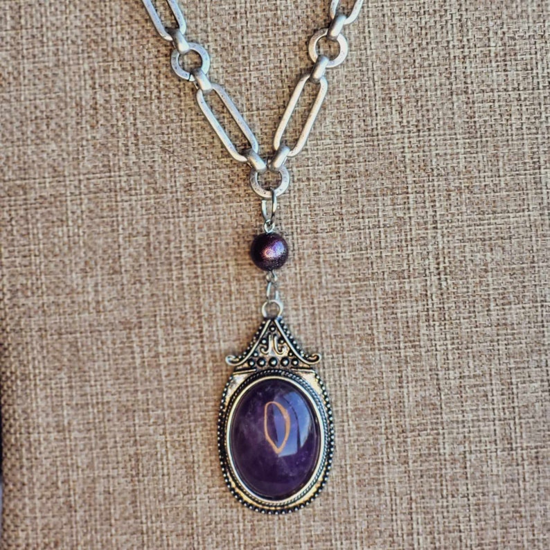 Large Amethyst Pendant, long handmade necklace in Silver finished setting and oval link chunky chain, Handcrafted Statement Necklace image 5