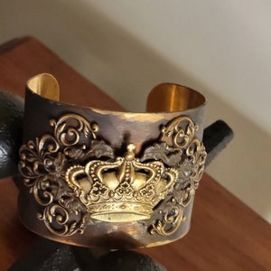 Handmade jewelry, Wide Cuff Bracelet, Royal Crown Assemblage Cuff Bracelet, vintage glam Brass Artisan Cuff, OOAK statement cuff image 4