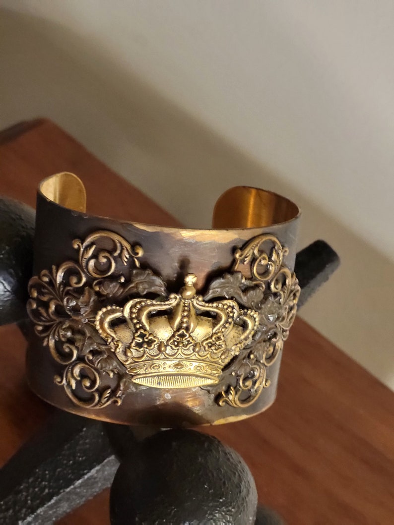 Handmade jewelry, Wide Cuff Bracelet, Royal Crown Assemblage Cuff Bracelet, vintage glam Brass Artisan Cuff, OOAK statement cuff image 4
