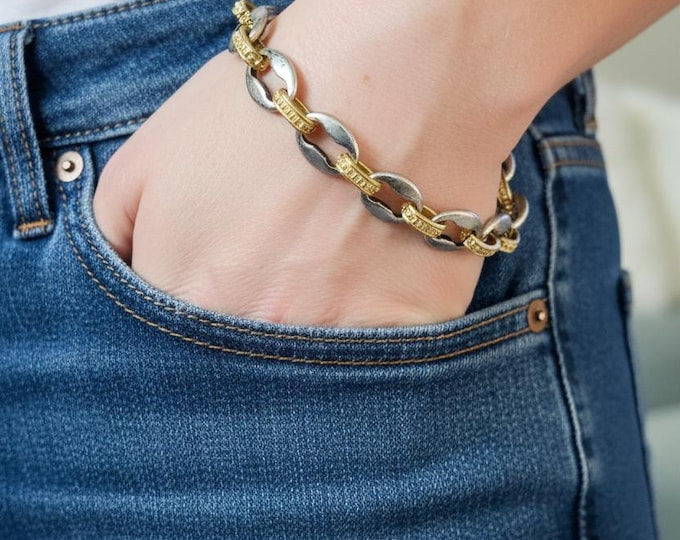 Chunky Mixed Metal Chain Bracelet - Two Tone Layering Jewelry Silver Gold Handcrafted Stacking Gift